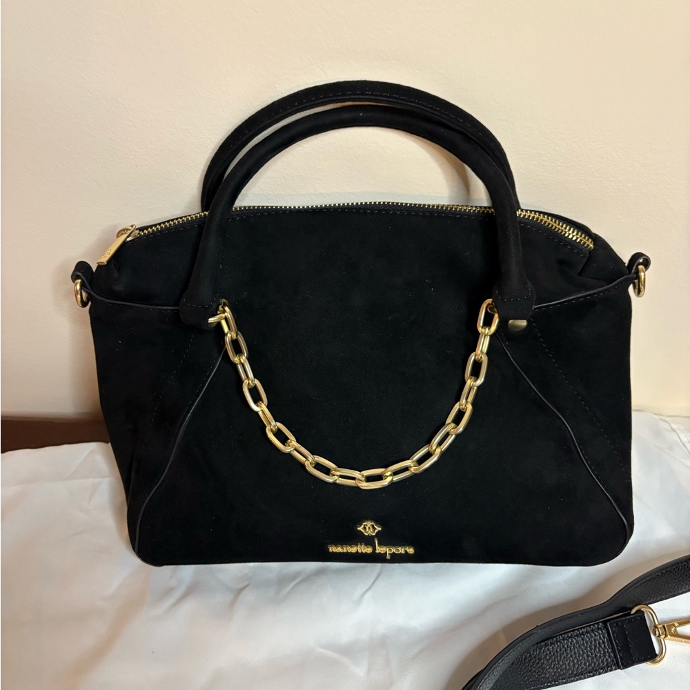 black Nanette Lepore satchel handbag in a faux suede with gold-tone hardware